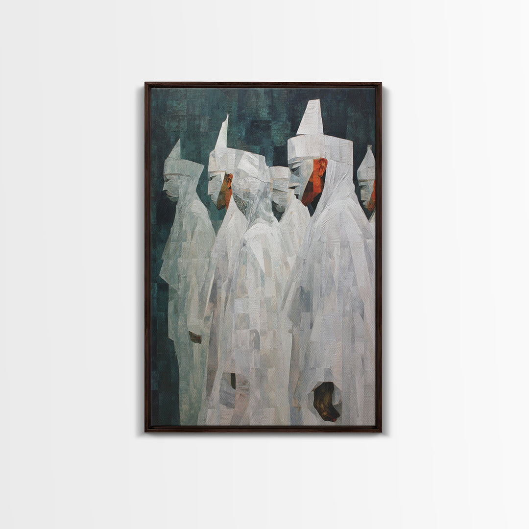 Abstract White Robed Figures On Teal Framed Canvas Print, African Wall Art, Modern Cultural Decor, Unique Home Gift For Living Room
