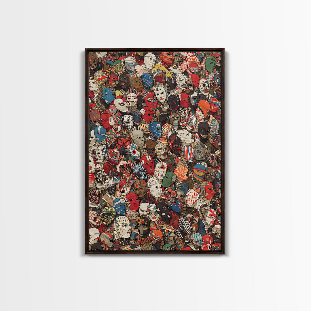 Illustrated African Mask Collage Wall Art, Colorful Tribal Pattern, Afrocentric Decor, Cultural Gallery Canvas Print Gift