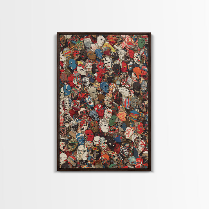 Illustrated African Mask Collage Wall Art, Colorful Tribal Pattern, Afrocentric Decor, Cultural Gallery Canvas Print Gift