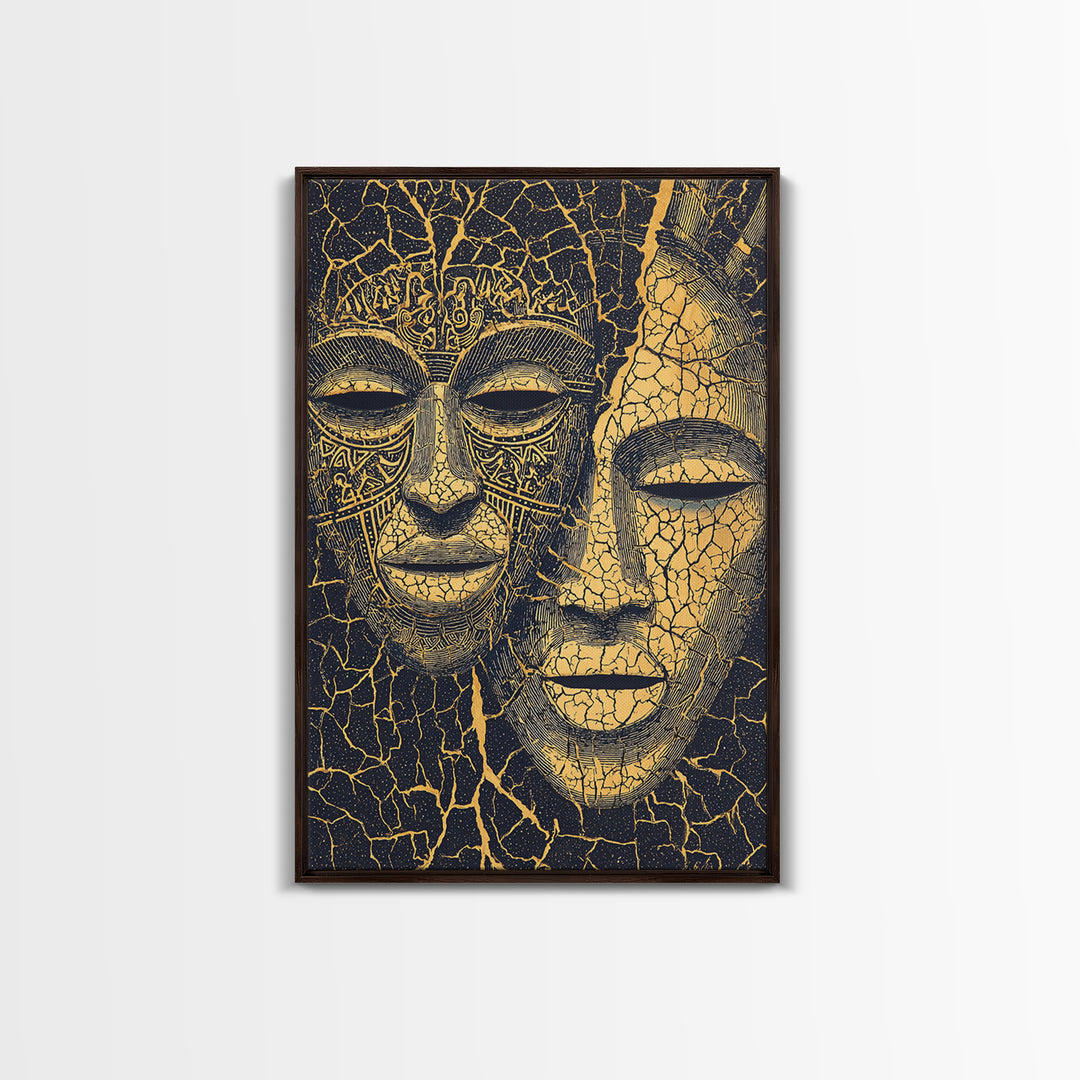 Gold Line African Mask Duo Wall Art, Tribal Mask Canvas Print, Black And Gold Decor, Afrocentric Cultural Home Decor Gift