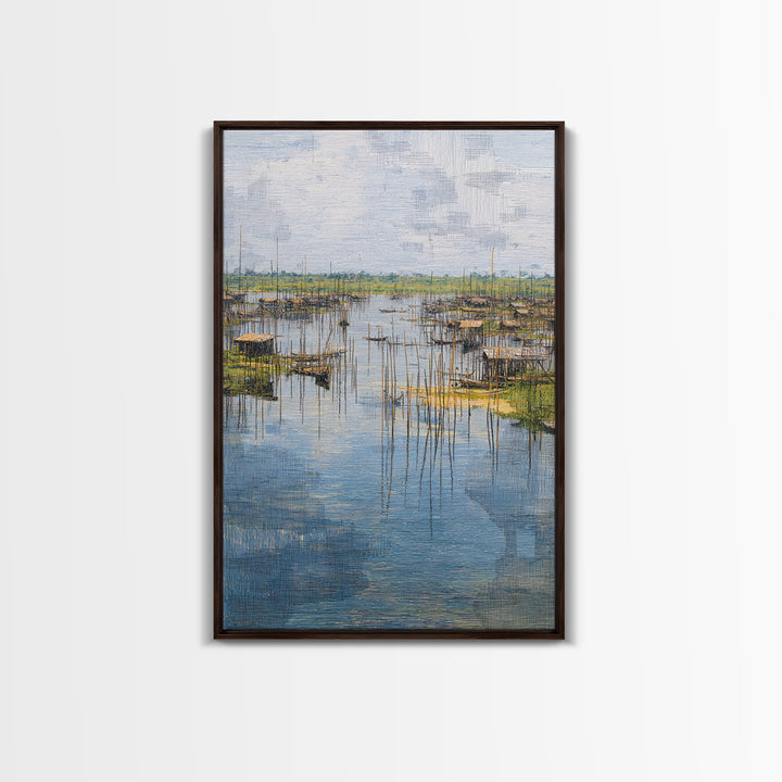 Serene African Fishing Village Wall Art, Blue Wetland Landscape Canvas, Coastal Nature Scene, Textured Home Decor For Living Room
