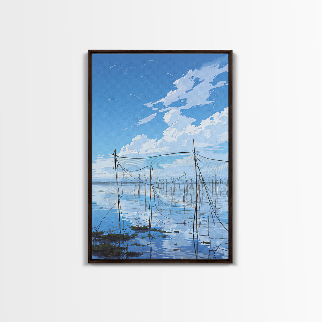 Blue Sky Fishing Nets Wall Art, Minimalist Coastal African Landscape Canvas, Serene Water Reflections, Bedroom Decor Gift