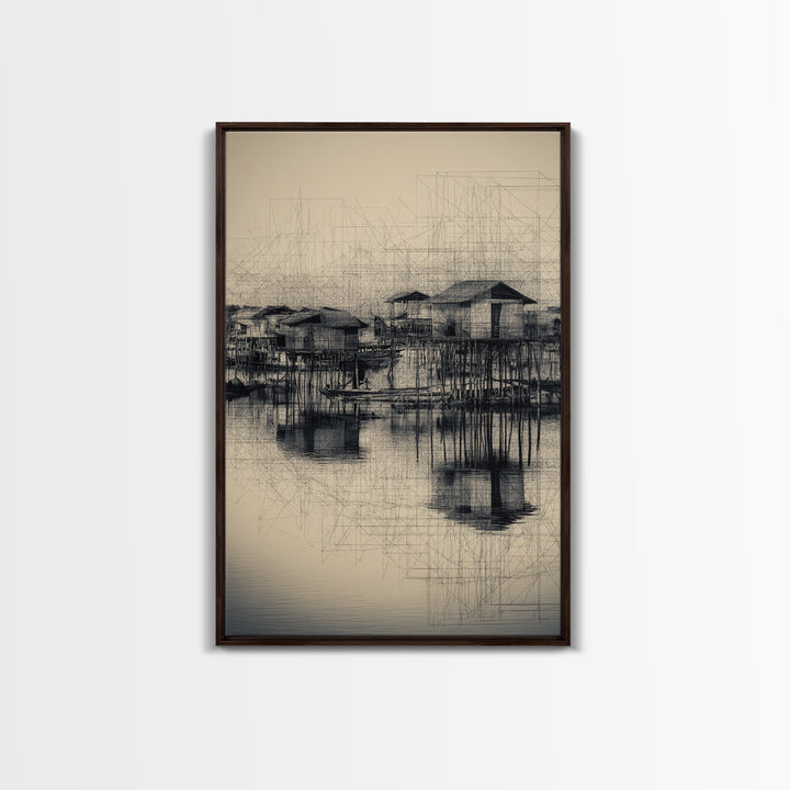 Monochrome Stilt Village Framed Canvas Print, African Fishing Huts Sketch, Minimalist Black Wall Decor For Office And Living Room