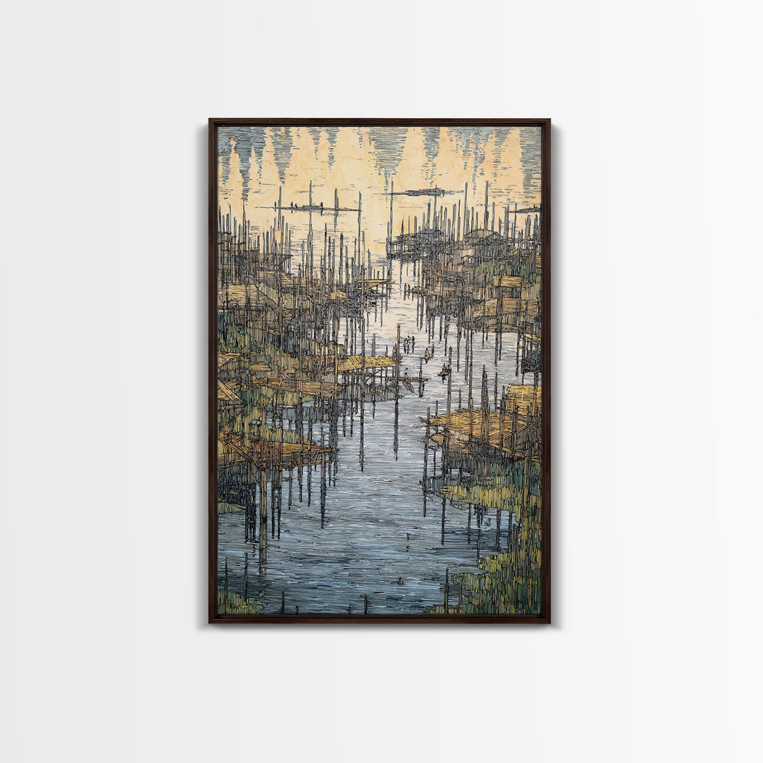 Intricate African Wetland Village Wall Art, Fishing Poles And Boats Canvas, Textured Landscape Decor For Living Room Gift