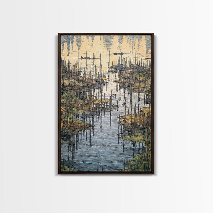 Intricate African Wetland Village Wall Art, Fishing Poles And Boats Canvas, Textured Landscape Decor For Living Room Gift