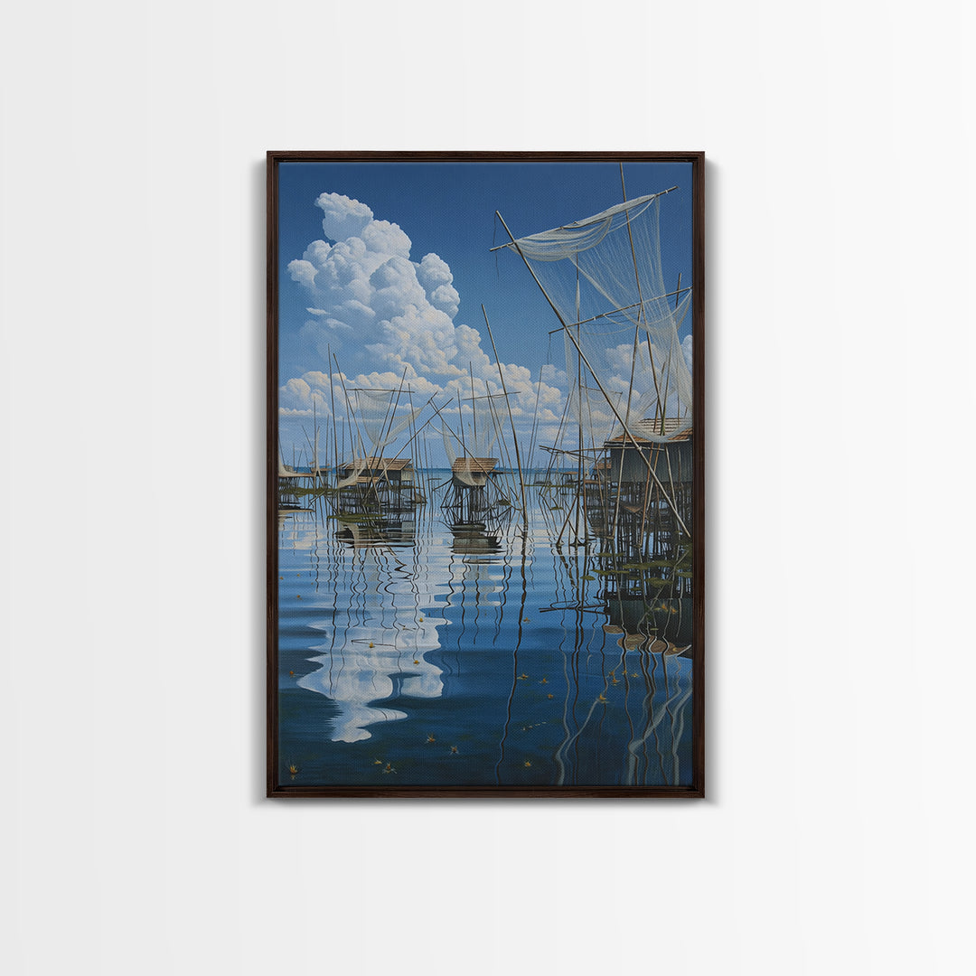 Dreamy Fishing Nets On Blue Water Wall Art, African Coastal Village Canvas, Cloud Reflection Nature Decor Gift For Home And Office