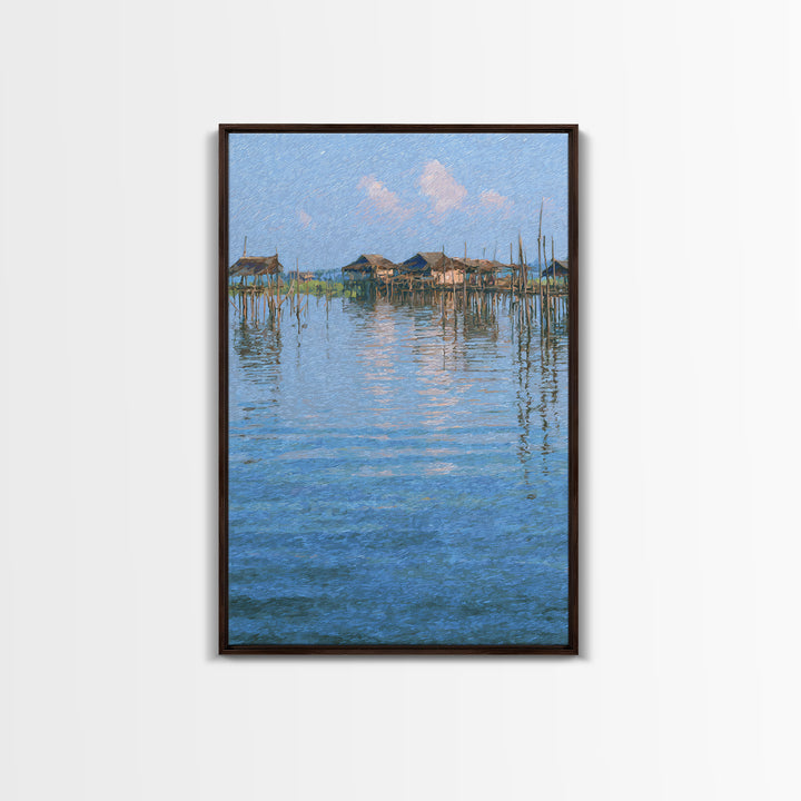 Peaceful Blue Lagoon Stilt Village Canvas Print, African Coastal Landscape, Impressionist Water Reflections Wall Decor Gift