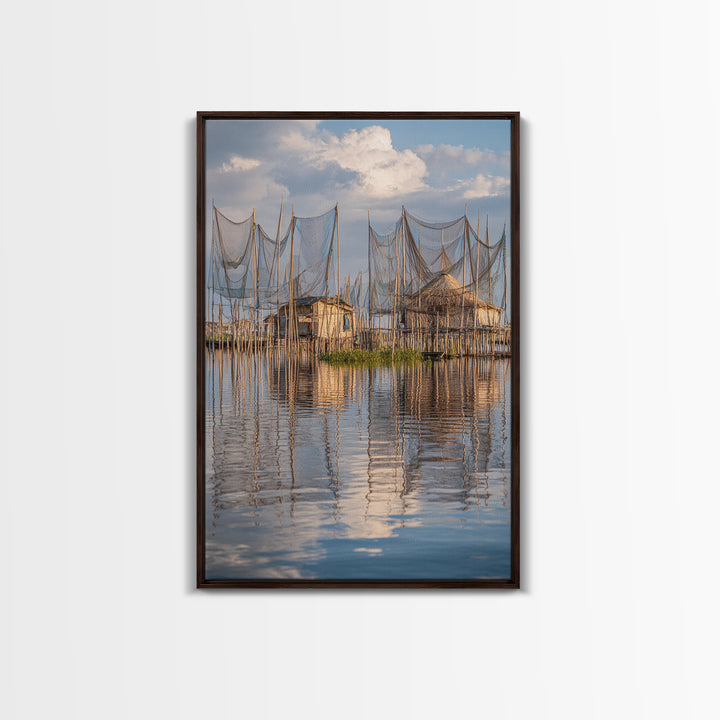 Sunlit Stilt Fishing Huts And Net Reflections Wall Art, Coastal Lake Village Canvas Print, Serene Blue Water Living Room Decor