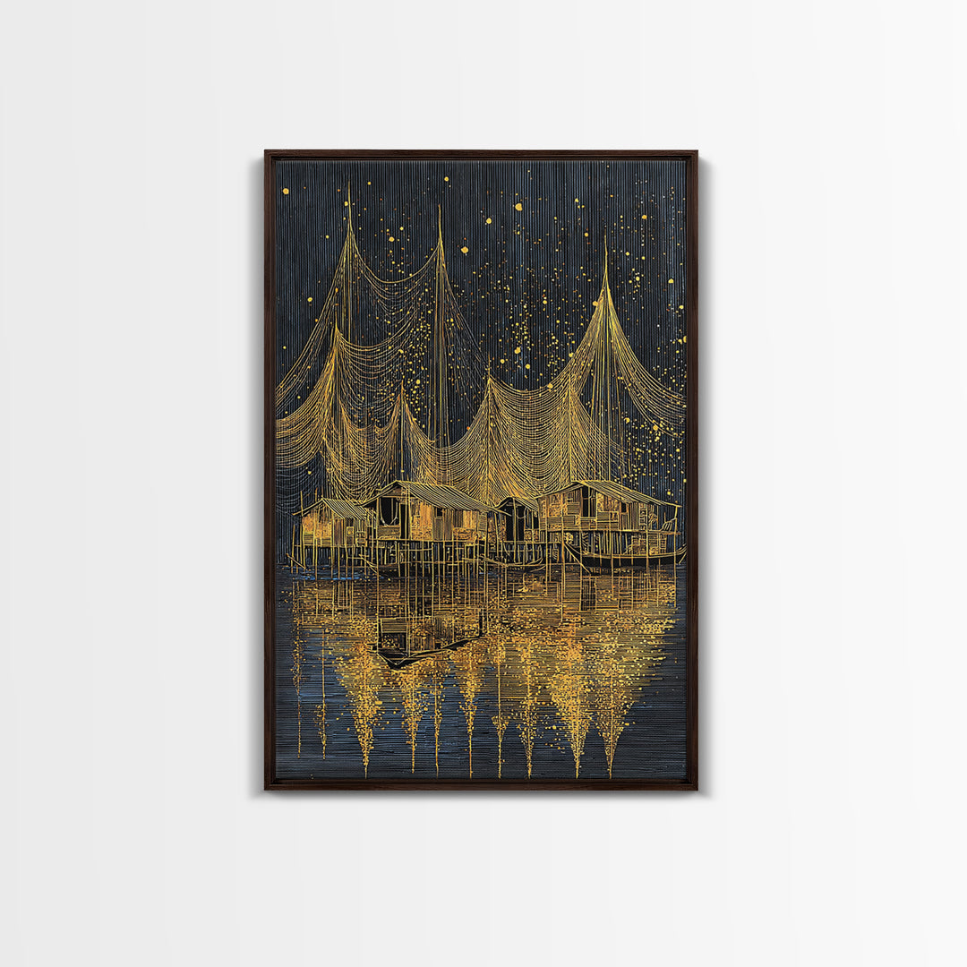 Golden Night Fishing Nets Over Stilt Houses Canvas Print, African Inspired Coastal Village Wall Decor, Black Gold Statement Art