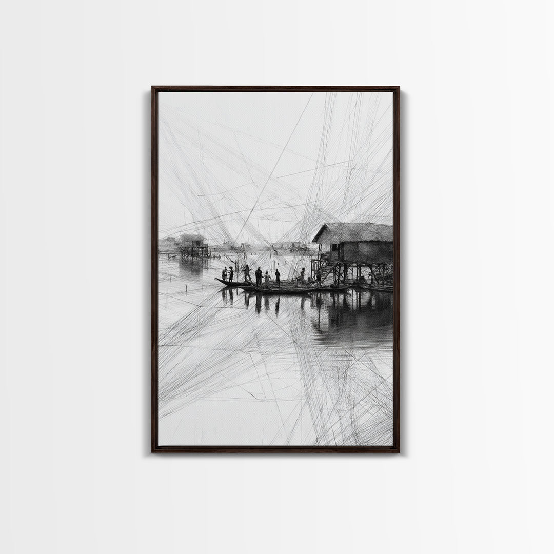 Black And White Fishing Village Sketch Wall Art, Fine Line Coastal Hut Drawing, Minimalist Lake House Decor For Gallery Walls