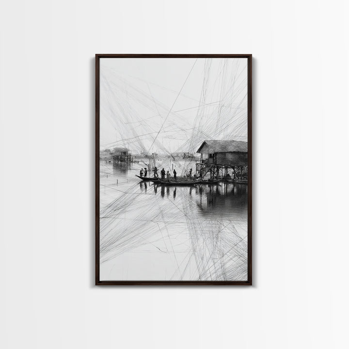 Black And White Fishing Village Sketch Wall Art, Fine Line Coastal Hut Drawing, Minimalist Lake House Decor For Gallery Walls