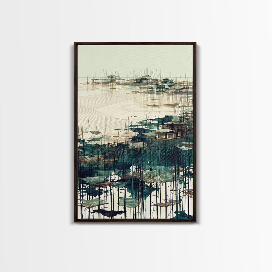 Minimal Teal Stilt Village Across Quiet Water Wall Art, Modern Coastal Landscape Canvas Print, Beige Green Living Room Decor
