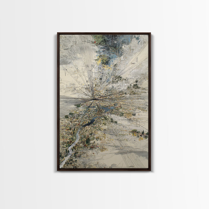 Abstract Aerial River Delta And City Lines Wall Art, Modern Landscape Canvas Print, Textured Blue Gray Gallery Office Decor