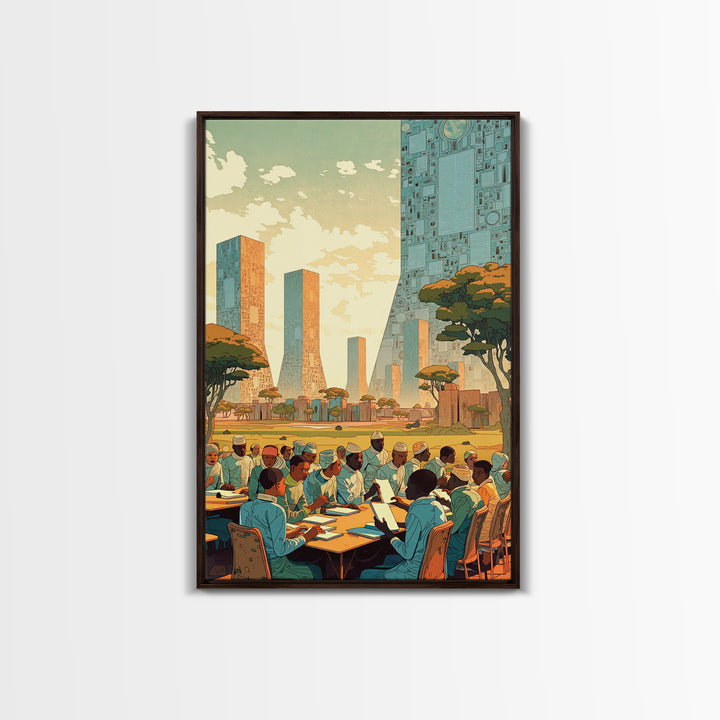 Futuristic African Scholars Skyline Wall Art, Afrocentric Art Print, Modern African Art, Office Decor, Cultural Wall Decor