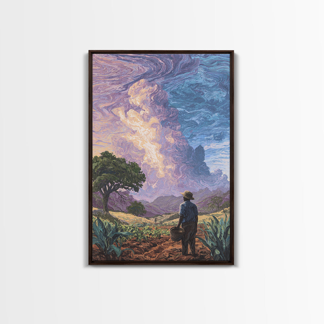 Farmer Under Swirling Storm Sky Canvas Print, African Landscape, Nature Scene Art, Earth Tone Wall Art, Living Room Decor