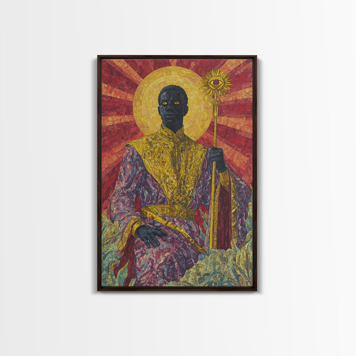 Regal Black Sun Priest Framed Canvas Print, African Queen Art, Black Goddess Art, Gold Jewelry Canvas, Statement Wall Decor