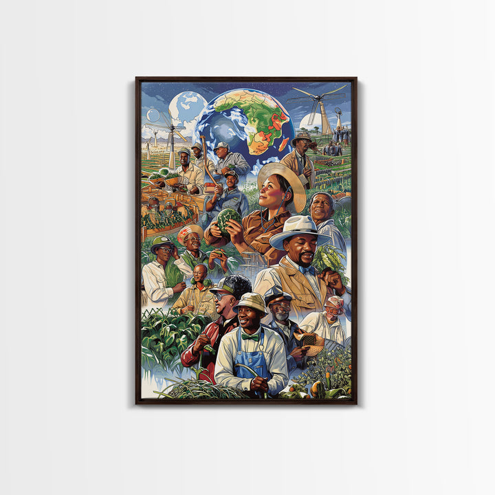 Global African Farmers Harvest Collage Framed Canvas Print, African Art Prints, Cultural Wall Decor, Farmhouse Office Decor