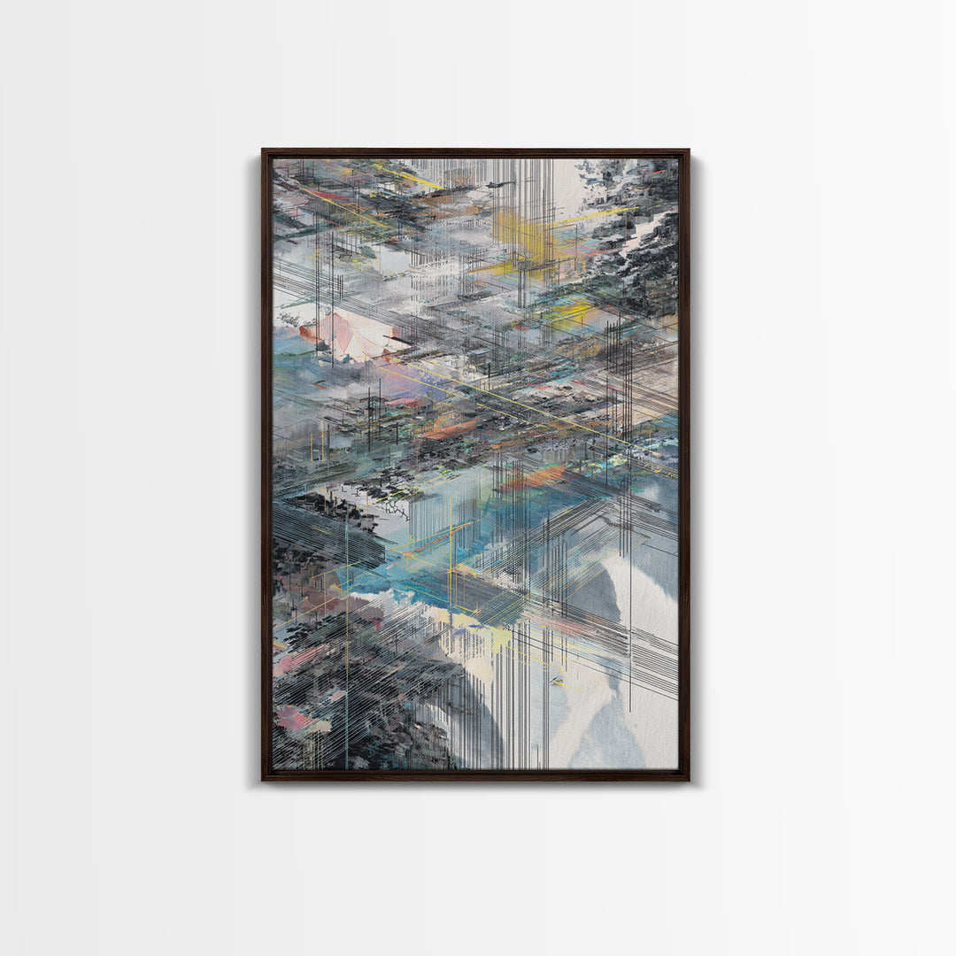Layered City Grid Canvas Print, Abstract Urban Skyline, Modern Geometric Wall Decor, Blue Gray Office Art Gift, Large Home Decor