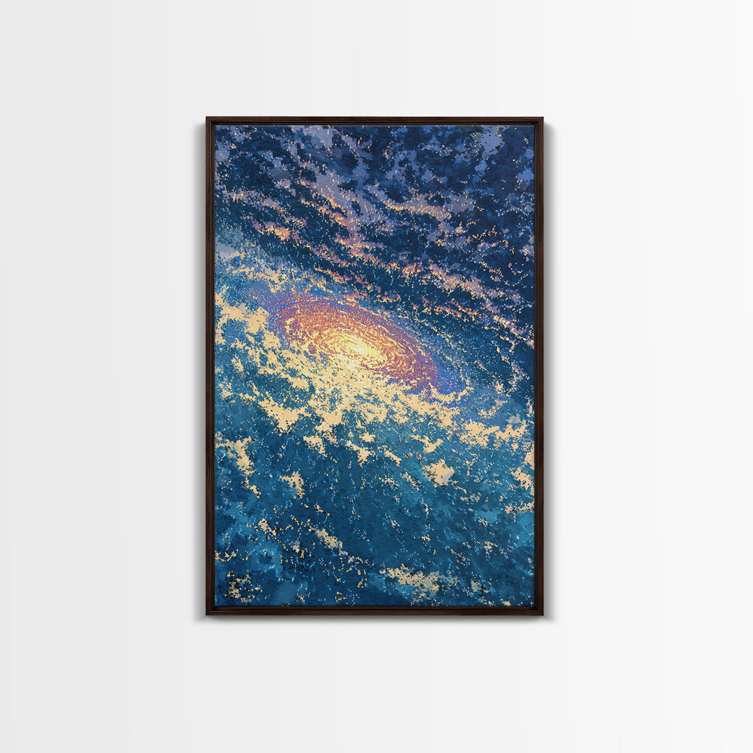 Blue Galaxy Vortex Wall Art, Swirling Cosmic Abstract, Gold Starry Canvas Print, Dreamy Luxury Decor Gift For Home Office