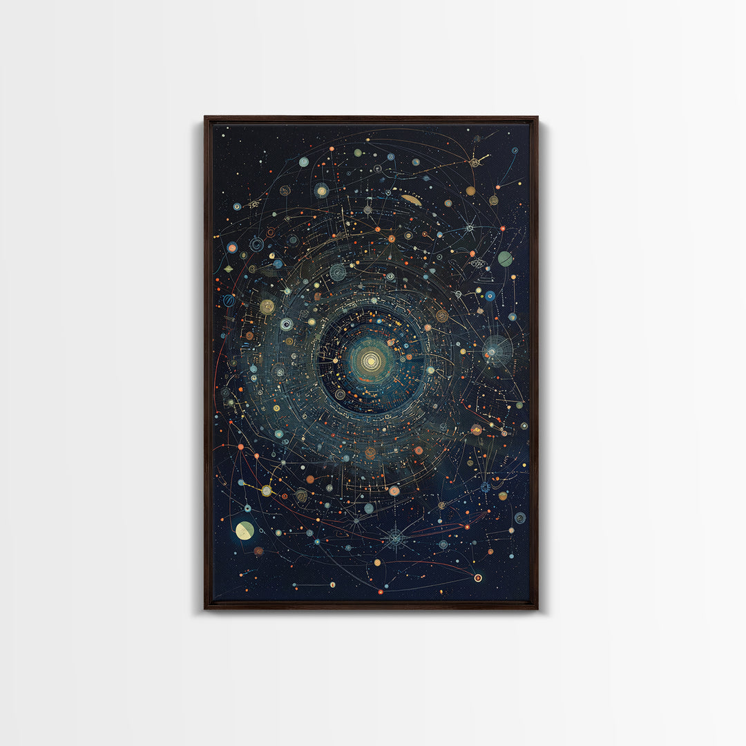 Dark Cosmic Orbit Mandala Canvas Print, Galaxy Map Wall Decor, Abstract Art, Modern Office Decor, Starry Astronomy Poster