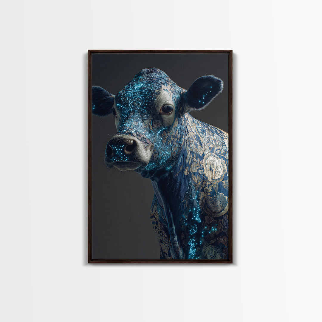 Blue Floral Cow Portrait Framed Canvas Print, Ornate Animal Wall Decor, Farmhouse Painting, Luxury Modern Home Decor Gift
