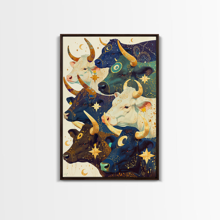 Celestial Herd Of Moonlit Cows Wall Art, Mystical Animal Canvas Print, Colorful Farm Decor, Whimsical Stars And Moons Poster