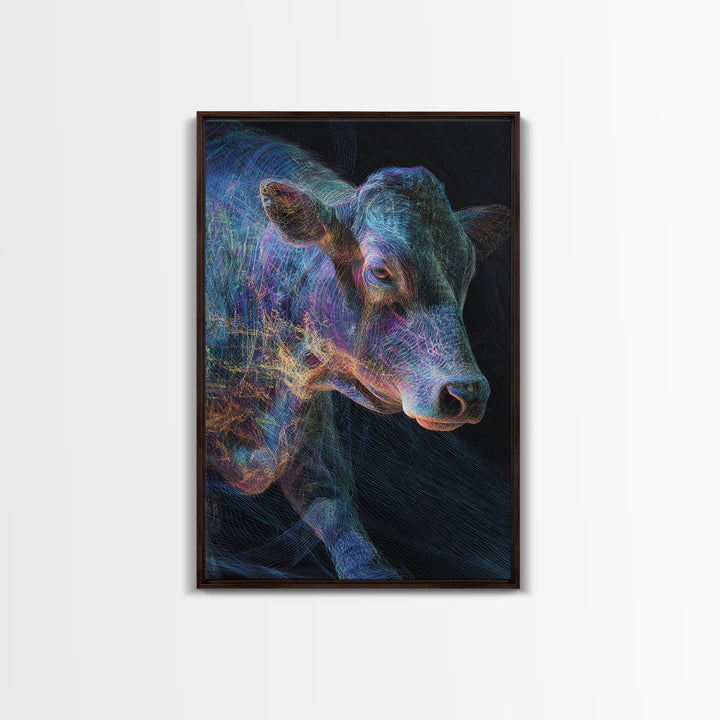 Neon Rainbow Cow Portrait Canvas Print, Abstract Animal Wall Decor, Electric Blue Farmhouse Art, Modern Black Home Decor