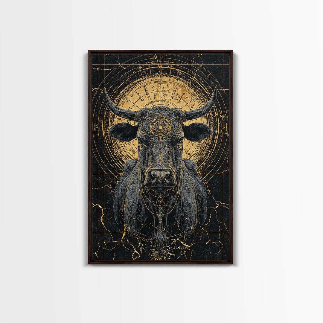 Sacred Black And Gold Bull Framed Canvas Print, Geometric Animal Wall Art, Mystical Farm Decor, Dramatic Statement Piece