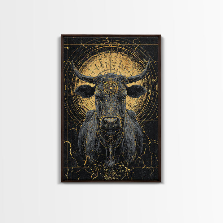 Sacred Black And Gold Bull Framed Canvas Print, Geometric Animal Wall Art, Mystical Farm Decor, Dramatic Statement Piece