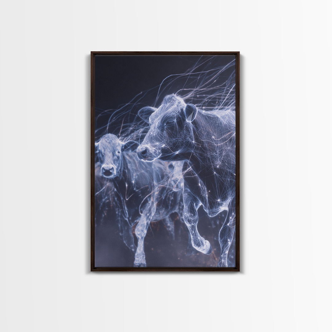 Glowing Running Cows Wall Art, Ethereal Blue Animal Canvas Print, Motion Study Farm Decor, Dreamy Modern Statement Piece