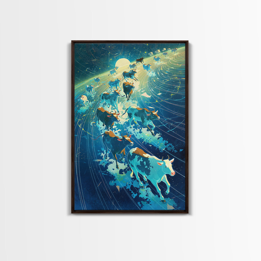 Cosmic Cattle Herd In Motion Wall Art, Blue Galaxy Animal Canvas Print, Dynamic Farm Decor, Unique Living Room Statement
