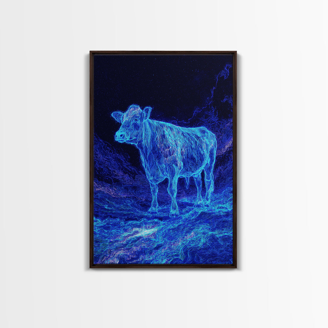 Electric Blue Cow Landscape Canvas Print, Neon Animal Wall Art, Mystical Night Farm Decor, Modern Nature Scene Painting Gift