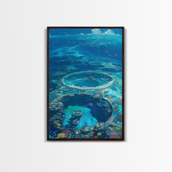 Underwater Ocean City With Coral Reef, Canvas Print, Blue Beach Art, Modern Wall Decor, Living Room Art, Unique Home Decor Gift