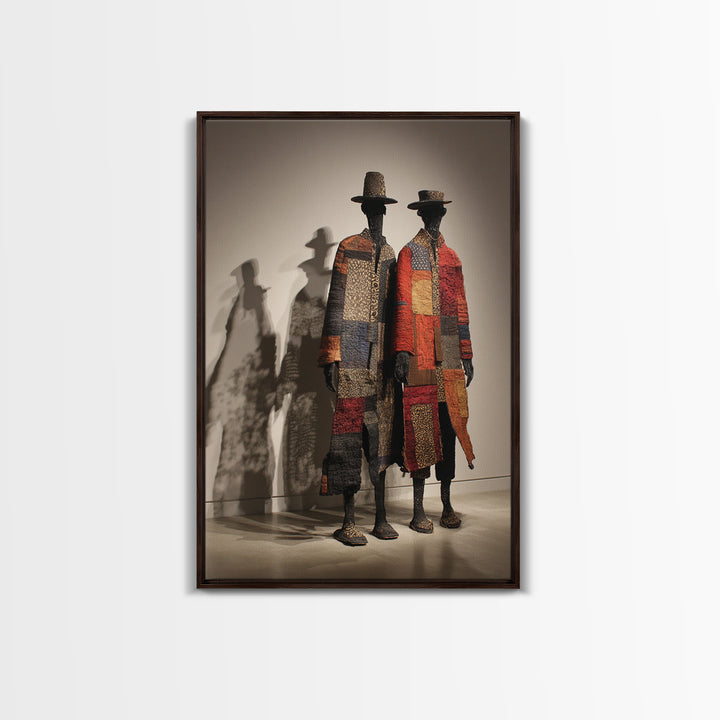 Patchwork African Textile Figures In Hats, Framed Canvas Print, African Art Sculpture, Tribal Decor, Cultural Home Decor Gift