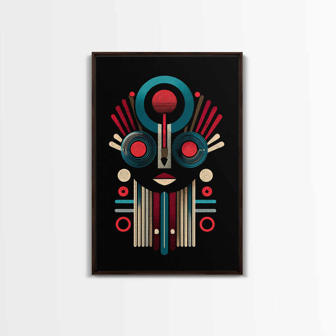 Geometric Tribal Mask In Red And Teal Canvas Print, African Mask Art, Abstract African Art, Afrocentric Wall Home Decor Gift