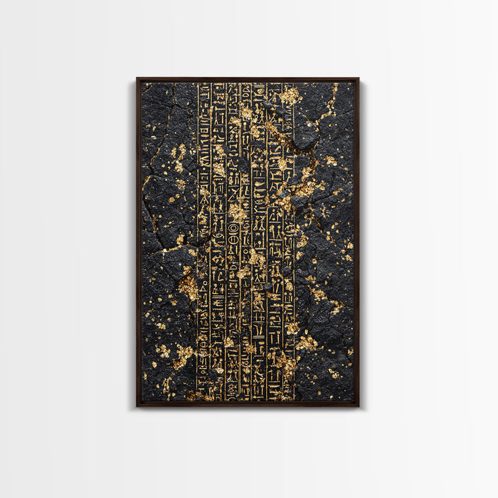 Gold Egyptian Hieroglyphs On Cracked Stone Wall Art, Ancient African Art, Black And Gold Art, Mystical Cultural Decor Gift
