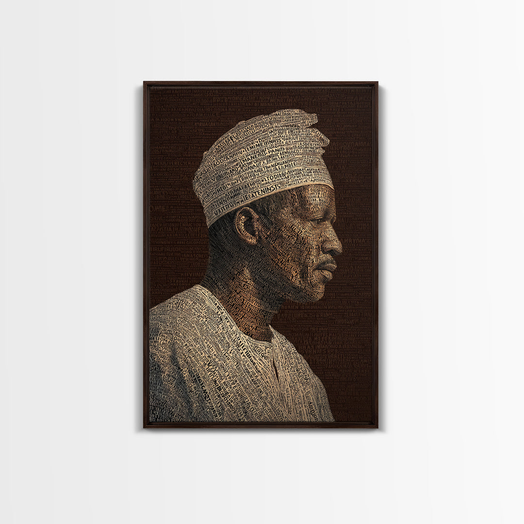 Sepia African Man Profile In Text Canvas Print, Black Man Artful Portrait, African American Art, Cultural Wall Decor Gift