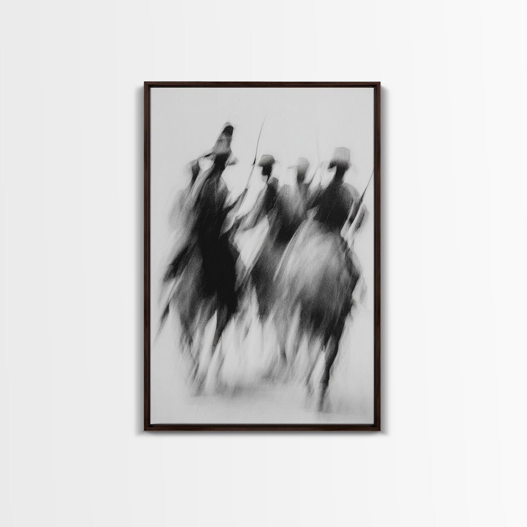 Blurred African Warriors Framed Canvas Print, Tribal Horsemen Wall Decor, Black And White Safari Art, Cultural Home Gift