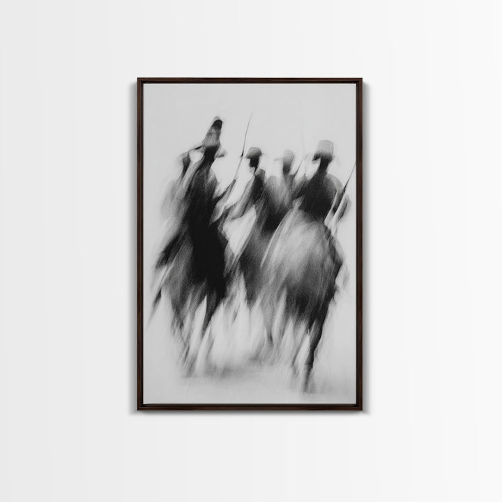 Blurred African Warriors Framed Canvas Print, Tribal Horsemen Wall Decor, Black And White Safari Art, Cultural Home Gift