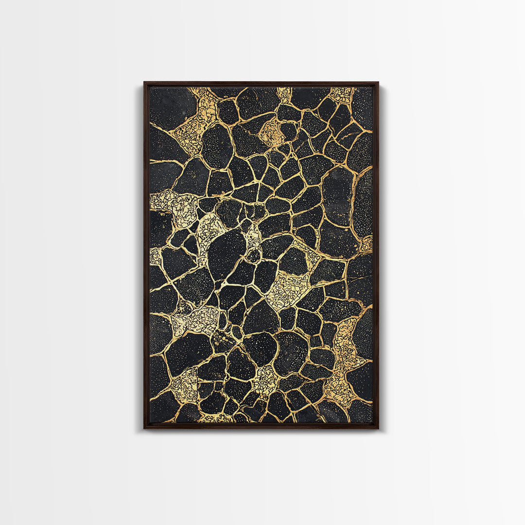 Black Gold Abstract Wall Art, Kintsugi Inspired Pattern Canvas, Luxury Modern Decor, Geometric Texture Print, Stylish Home Gift