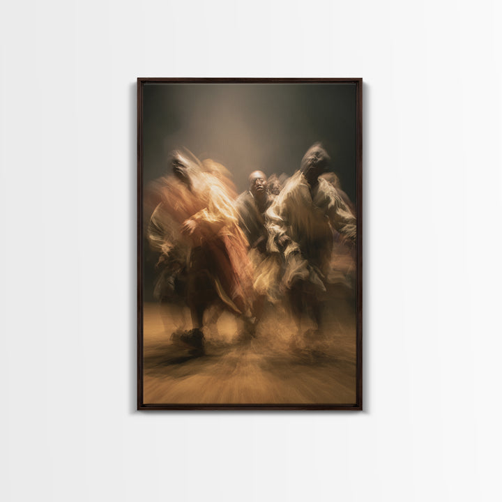 Golden African Dancers Framed Canvas Print, Expressive Motion Painting, Afrocentric Cultural Wall Decor, Dramatic Home Gift