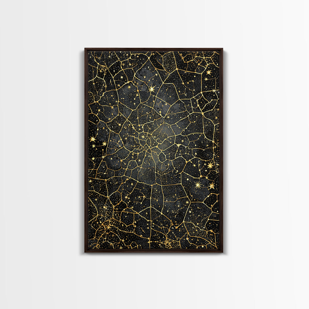 Black And Gold Celestial Crackle Pattern, Abstract Wall Art, Luxury Canvas Print, Geometric Home Decor, Starry Art, Modern Black Decor