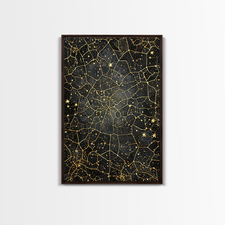 Black And Gold Celestial Crackle Pattern, Abstract Wall Art, Luxury Canvas Print, Geometric Home Decor, Starry Art, Modern Black Decor