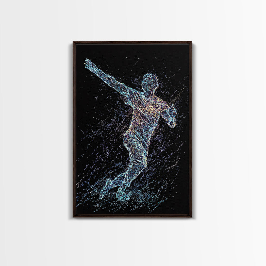 Glowing Soccer Player In Motion, Black Wall Art, Modern Canvas Print, Athletic Sports Decor, Futuristic Digital Art Gift