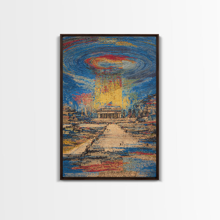 Monument Under Cosmic Portal, Modern Wall Art, Framed Canvas Print, Cityscape Home Decor, Sci Fi Abstract Statement Gift