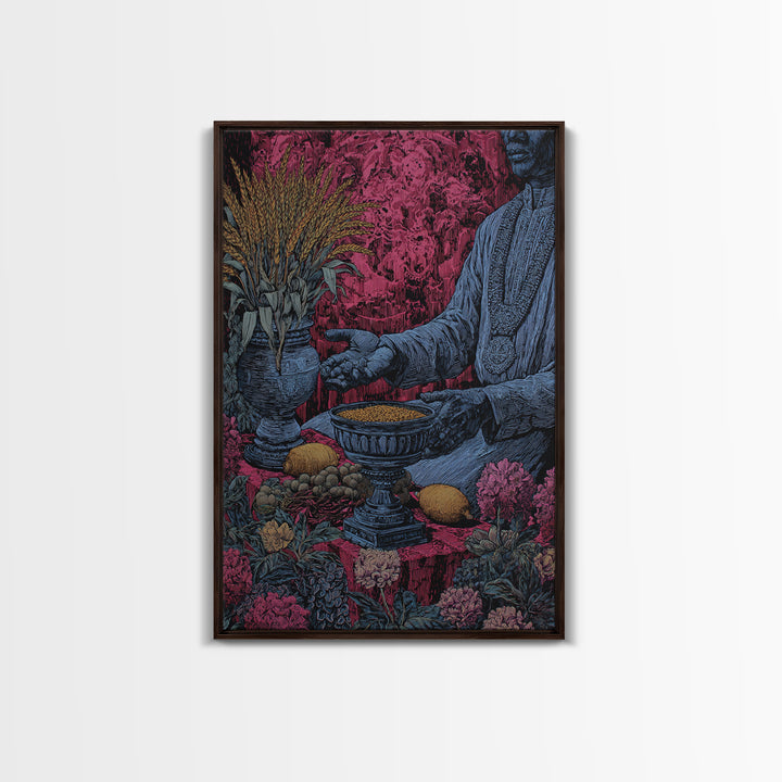 Floral Ritual Still Life With Reaching Hand, Cultural Wall Art, Framed Canvas Print, Afrocentric Ceremony Home Decor Gift