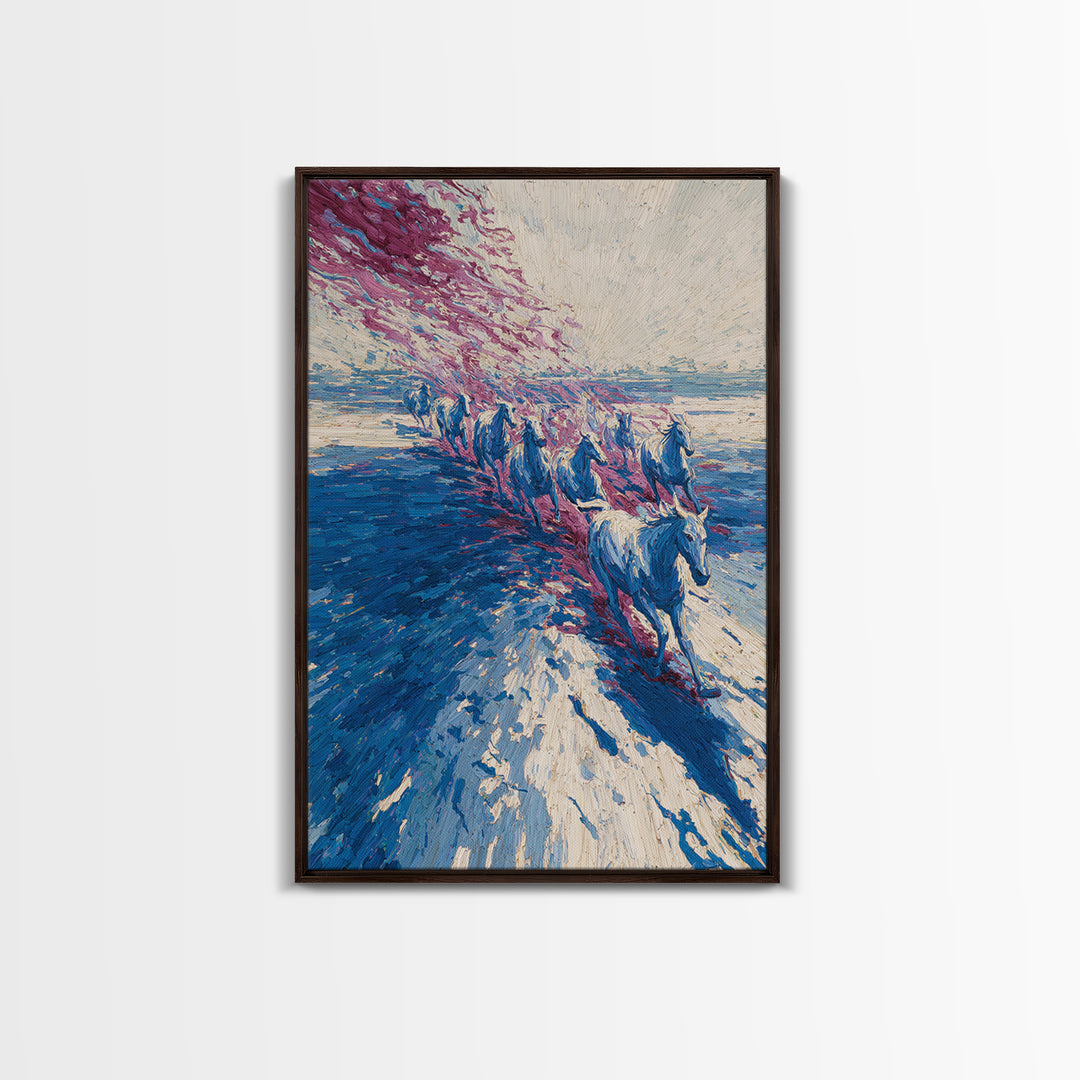 Blue Horses Running On Beach Wall Art, Abstract Coastal Canvas, Wild Horse Painting, Modern Living Room Decor Statement Gift