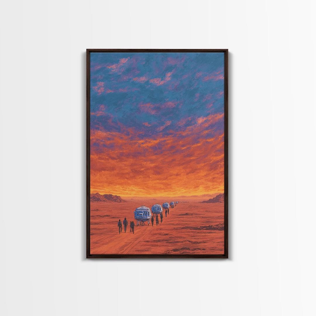 Futuristic Desert Convoy At Sunset Wall Art, Orange Sci Fi Landscape, Mars Travel Poster, Modern Canvas Statement Decor Gift