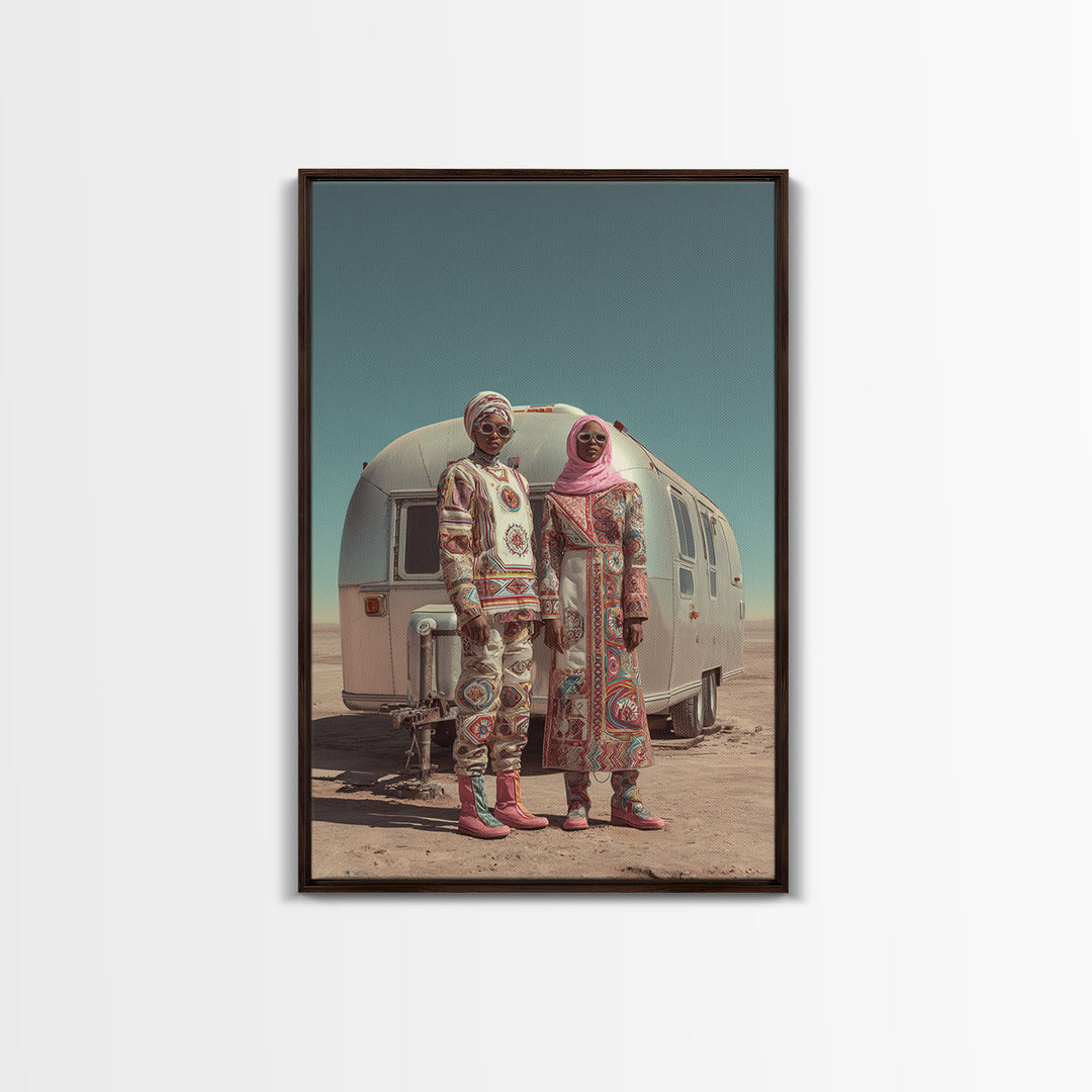 Afrofuturist Desert Couple Framed Canvas Print, African Fashion Portrait, Unique Camper Travel Wall Decor, Black Art Gift
