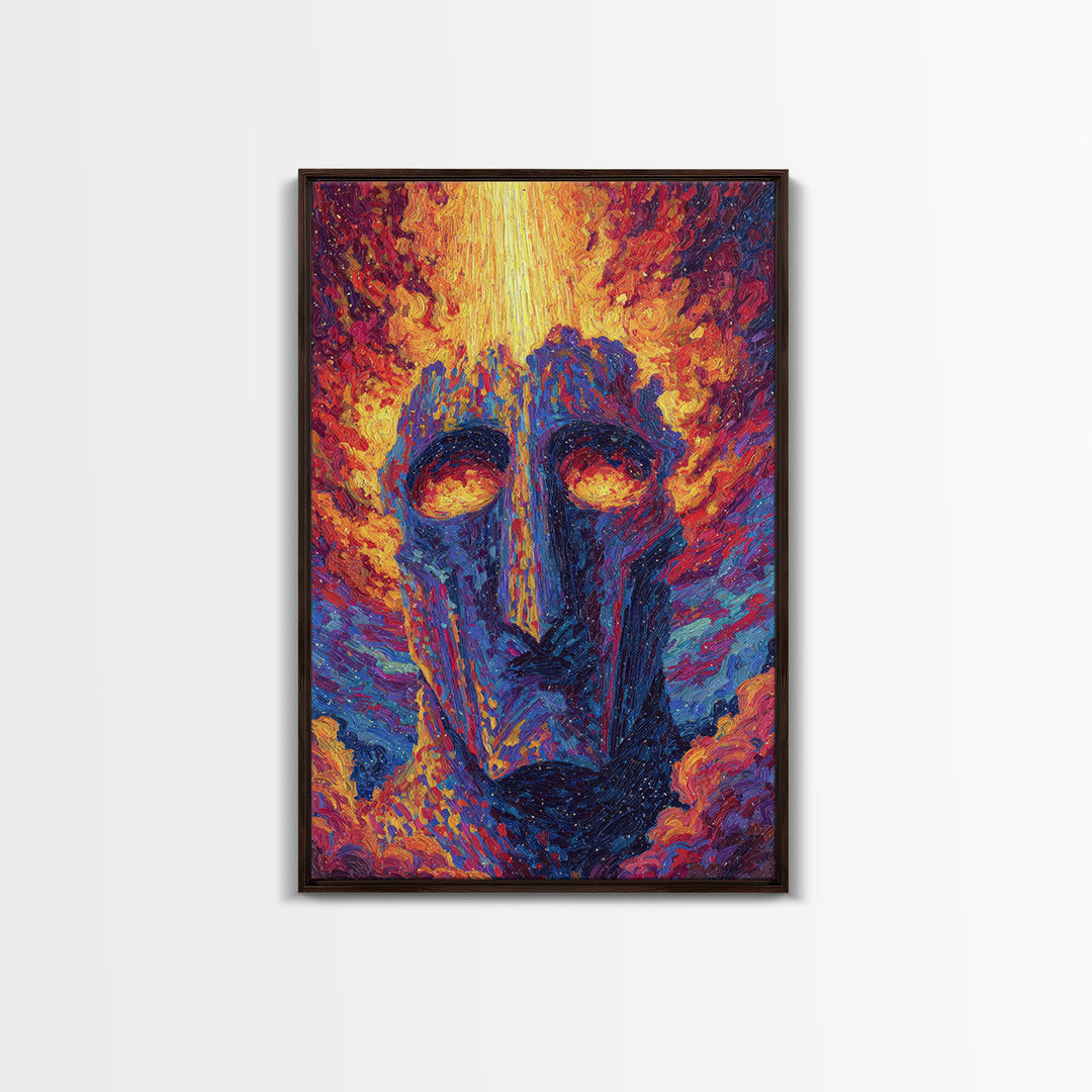 Fiery African Mask Canvas Print, Abstract Tribal Face Painting, Afrocentric Wall Decor, Modern Colorful African Art Gift
